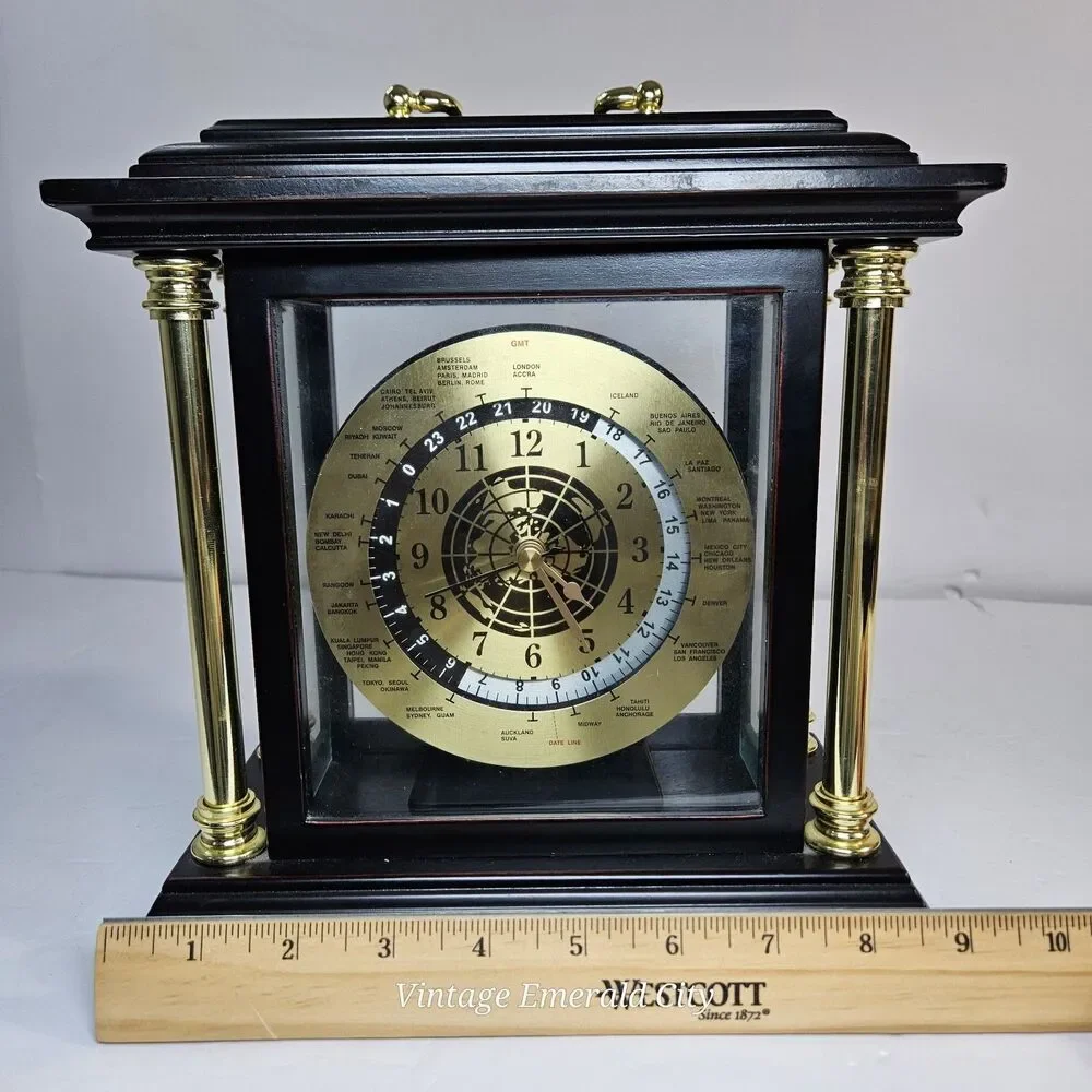 Bombay Analog Desk Clock Black Gold Arabic Numerals Wood Glass Battery Operated